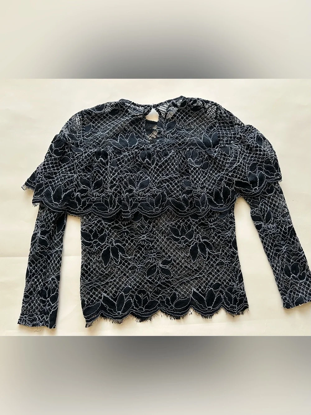 Zara Black Floral Lace Long-Sleeve Top with Ruffle Yoke size XS